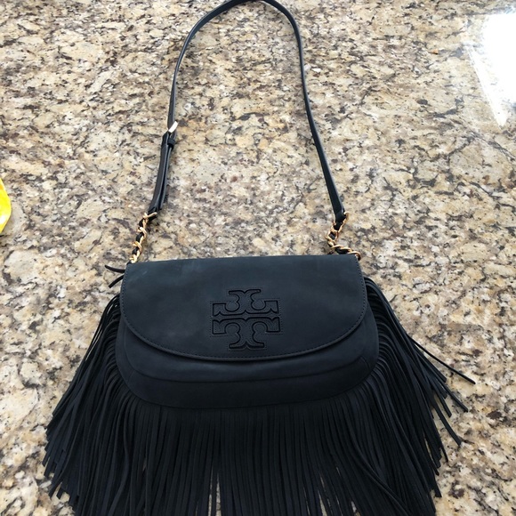 SOLD!!! Tory  burch navy suede fringe bag - Picture 2 of 4